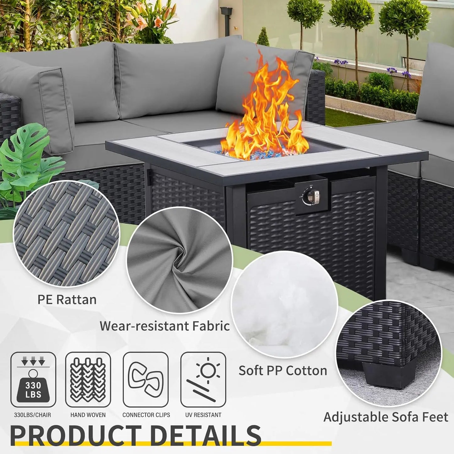 Rattan Sectional Sofa Set With Propane Fire Pit Table For Outdoor Patio